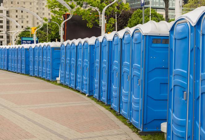 portable restrooms lined up at a marathon, ensuring runners can take a much-needed bathroom break in Dyer